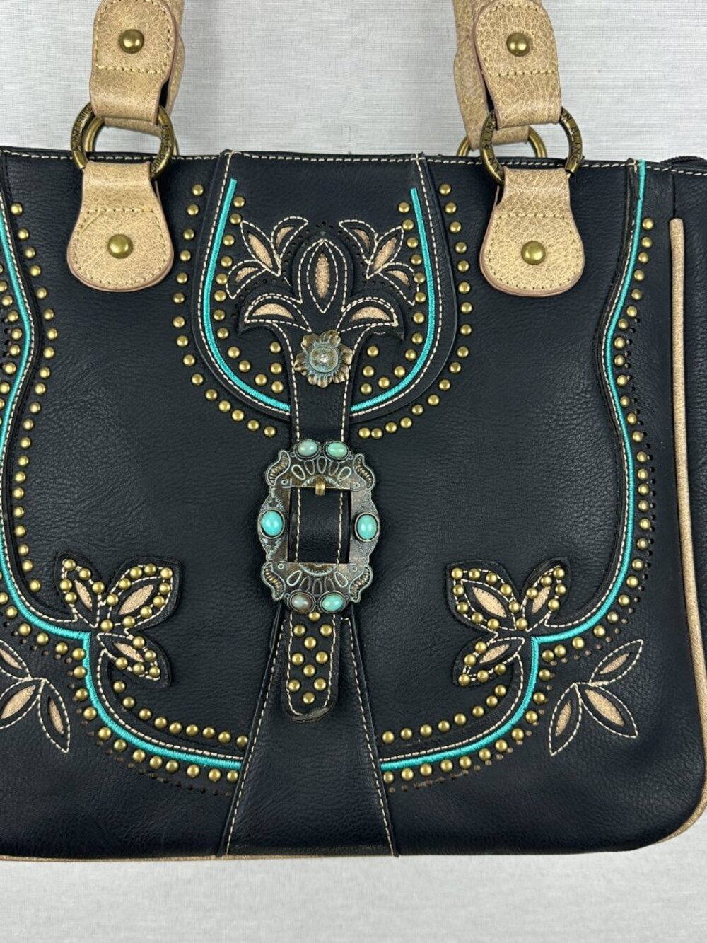 AMERICAN BLING WESTERN CONCEALED CARRY PURSE EMBROIDERED TURQUOISE DESIGN, BLACK - Picture 2 of 12